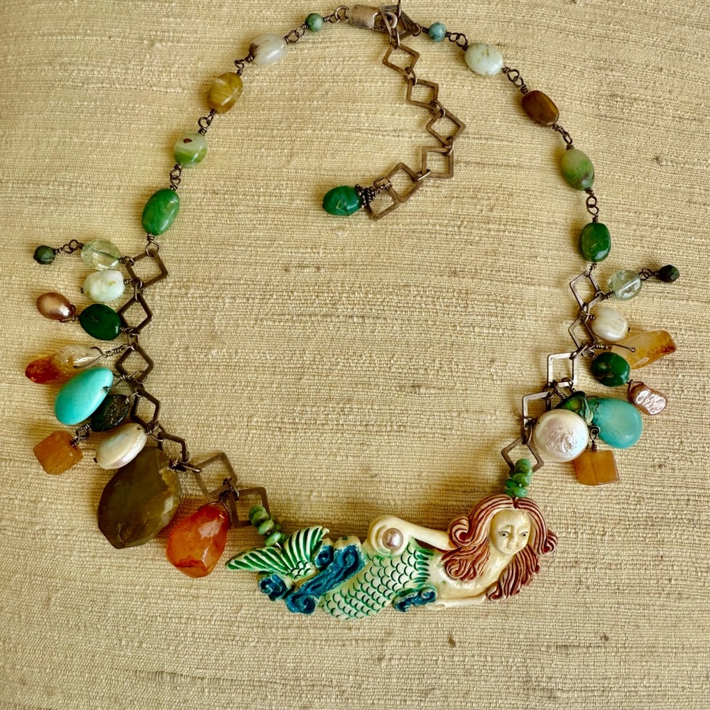 Handcrafted Mermaid Unique Statement Collar Necklace with Stone Accents